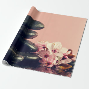 Papier Cadeau Pierres Zen Noires Fleurs