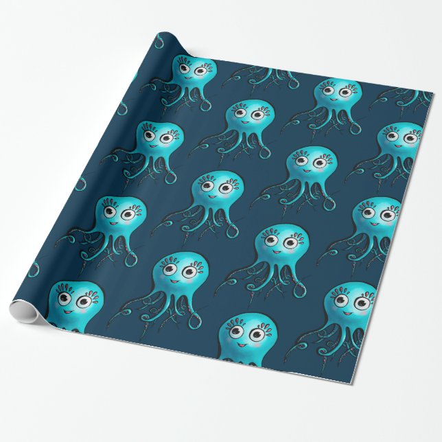 Papier Cadeau Pieuvre bleue mûre - Kawaii Cartoon Animal marin (Déroulé)