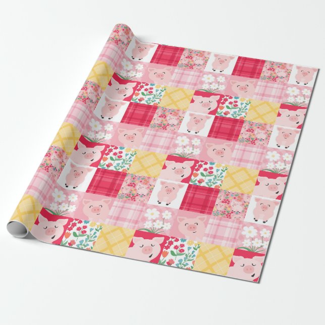 Papier Cadeau Pig Patchwork Floral Rustique fête d'anniversaire (Déroulé)