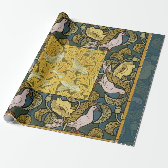 Papier Cadeau Pigeon Blue Yellow Fish Art Nouveau (Déroulé)