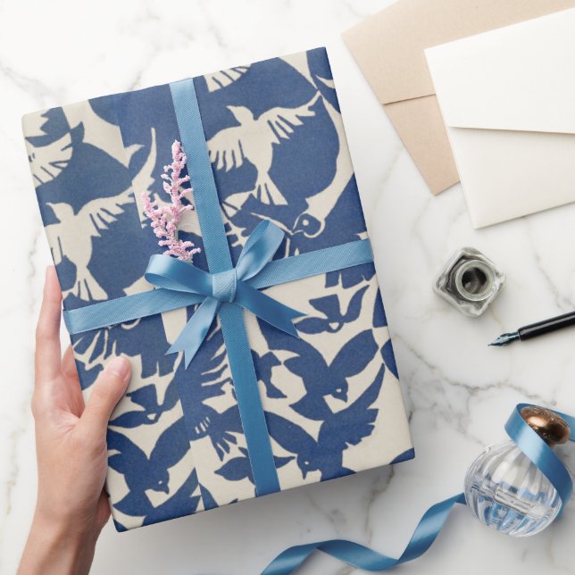 Papier Cadeau pigeons blancs et bleus motif papier à envelopper (Cadeaux)