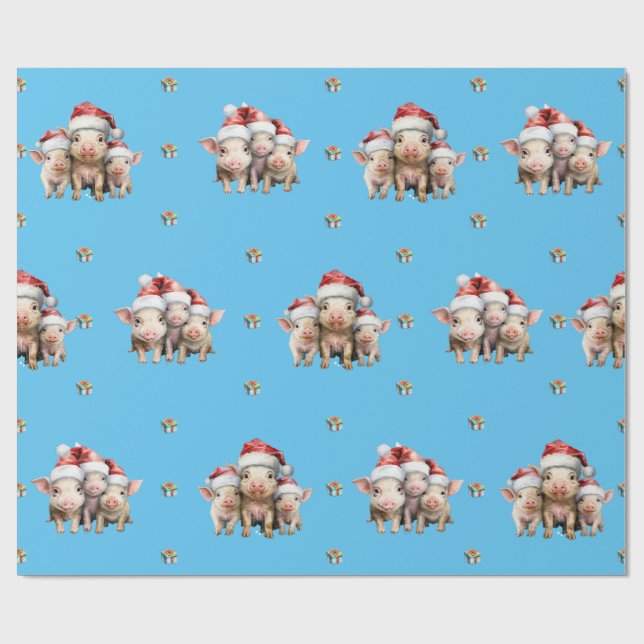 Papier Cadeau Piggies de Noël adorables en bleu (Plat)
