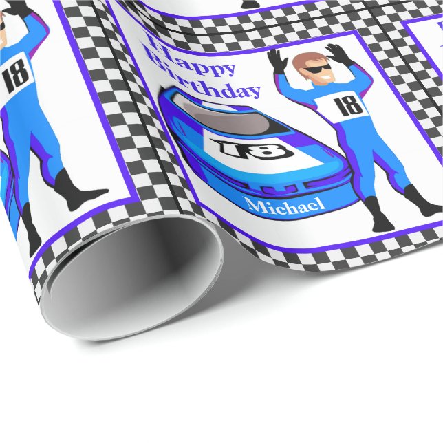Papier Cadeau Pilote de voiture de course cadeau d'anniversaire  (Coin rond)
