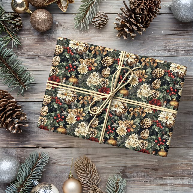 Papier Cadeau Pin de Noël traditionnel Fête Florale (Créateur téléchargé)