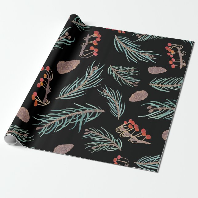 Papier Cadeau Pin d'hiver & Berries Aquarelle Motif botanique (Déroulé)
