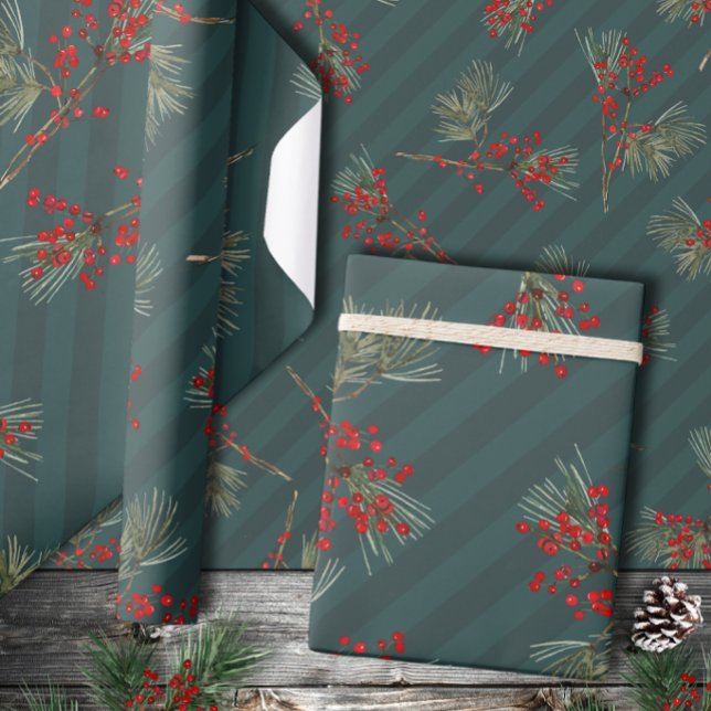 Papier Cadeau Pinceau blanc Berries Ilex Ardoise Grandes vertes (Créateur téléchargé)