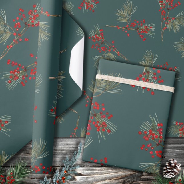 Papier Cadeau Pinceau blanc Rouge Ilex Berries Ardoise verte (Créateur téléchargé)