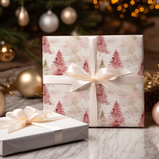 Papier Cadeau Pinceau rose blanc et or Motif Arbre de Noël (Créateur téléchargé)
