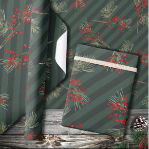 Papier Cadeau Pinceau Rouge Ilex Berries Forêt Bande verte