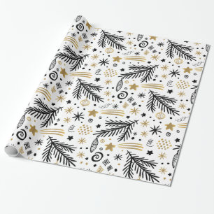 Papier Cadeau PINE de gribouillis en or noir blanc et étoiles NO