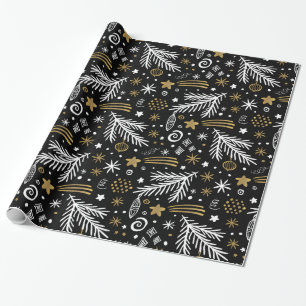 Papier Cadeau PINE de gribouillis en or noir blanc et étoiles NO