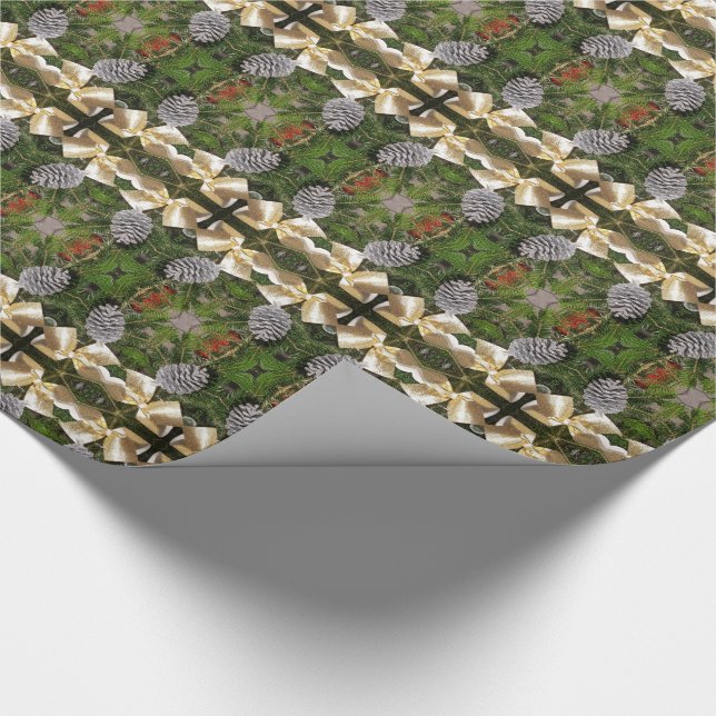 Papier Cadeau Pine de Noël cônes ruban Motif kaléidoscopique (Coin)