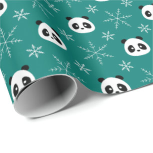 Papier Cadeau Pine verte - Pandas mignonnes avec Snowflakes