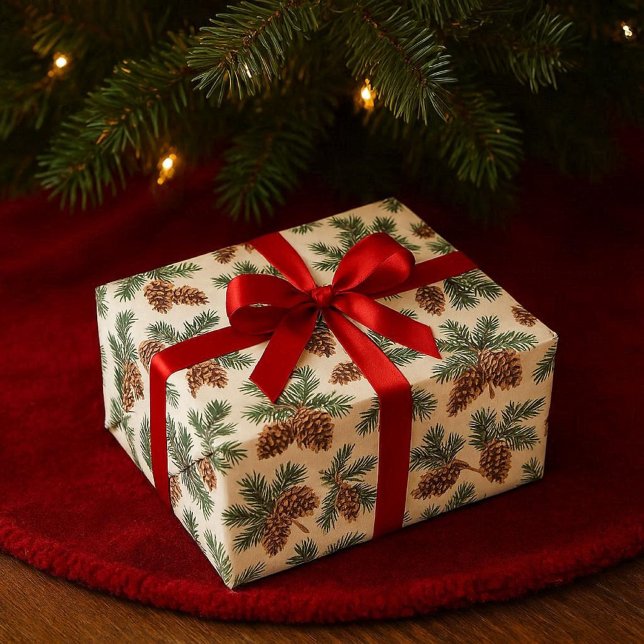 Papier Cadeau Pinecone and Evergreen Forest  (A nature inspired wrapping paper. Evergreen and pinecone pattern on white. For Christmas and Winter )