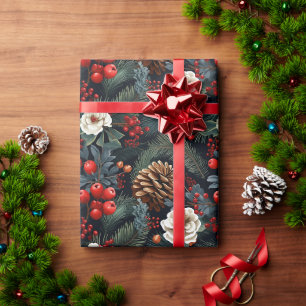 Papier Cadeau Pinecones Berries Floral Noël Motif Cadeau