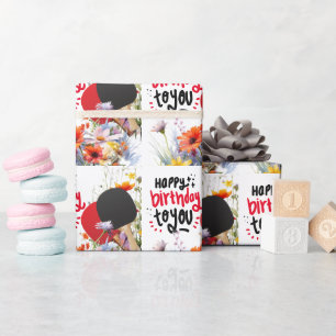Papier Cadeau Ping pong Anniversaire avec paddle et fleur