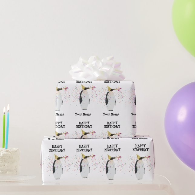Papier Cadeau Pingouin - Animaux à l'anniversaire Nom de la fête (Cadeaux de fête)