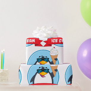 Papier Cadeau Pingouin cool tenant de la crème glacée
