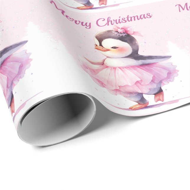 Papier Cadeau Pingouin de Noël Ballerina Rose (Coin rond)