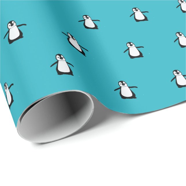 Papier Cadeau Pingouin de Noël bleu hiver (Coin rond)