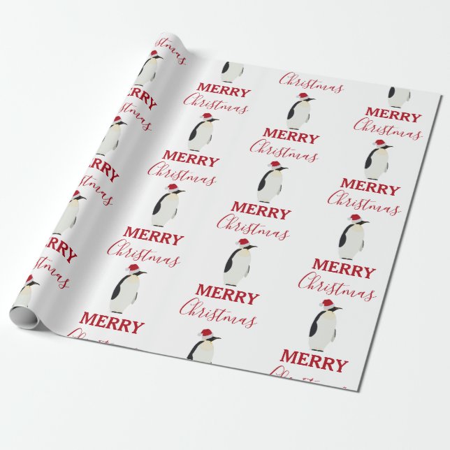 Papier Cadeau Pingouin de Noël drôle animal avec chapeau de Père (Déroulé)