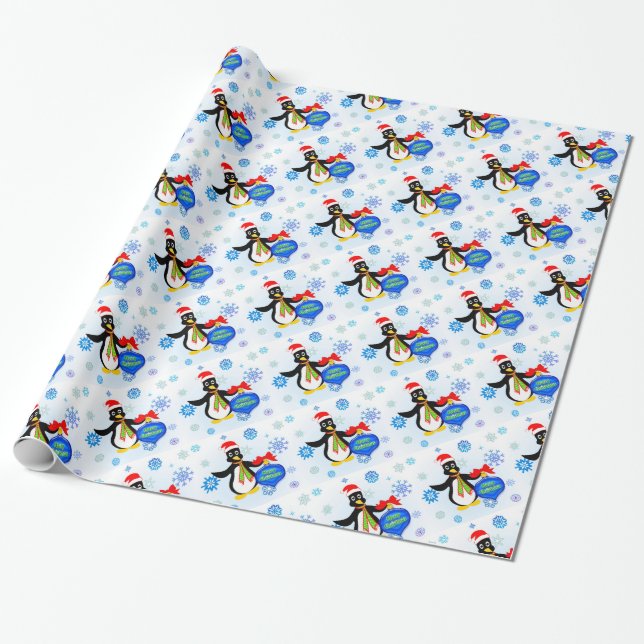Papier Cadeau Pingouin de Noël et flocons de neige (Déroulé)