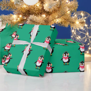 Papier Cadeau Pingouin de Noël Jolly en écharpe avec des bouffée