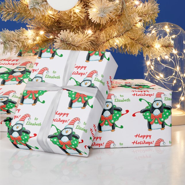 Papier Cadeau Pingouin de Noël mignon Enfants personnalisés (Vacances)