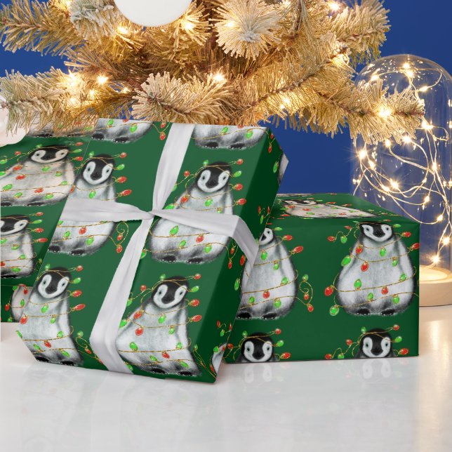 Papier Cadeau Pingouin de vacances - Feux rouges et verts scinti (Vacances)