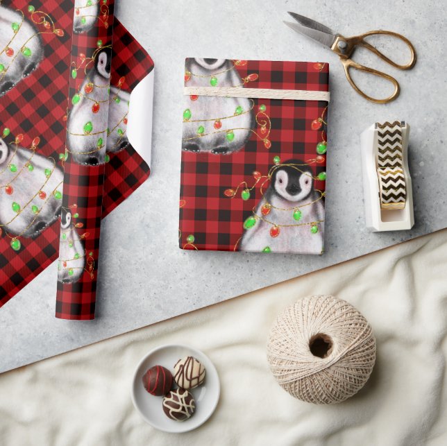 Papier Cadeau Pingouin de vacances, plaid, voyants rouges scinti (Artisanat)