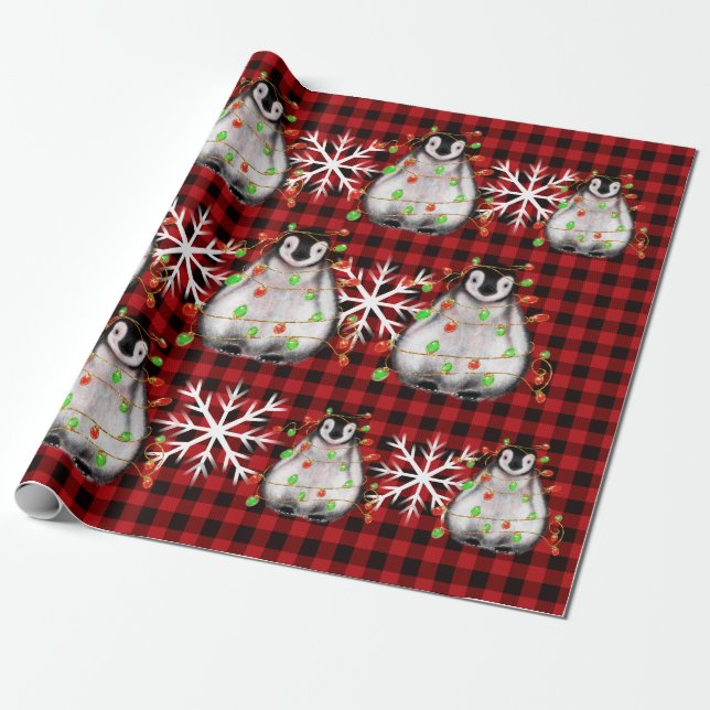 Papier Cadeau Pingouin de vacances, plaid, voyants rouges scinti (Déroulé)