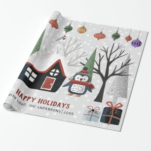 Papier Cadeau Pingouin d'hiver, arbres et maison Noël