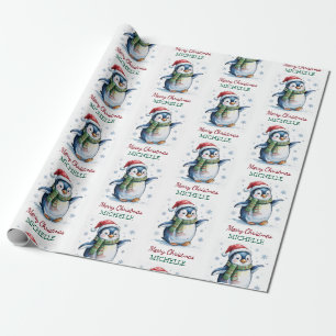 Papier Cadeau Pingouin personnalisé à Noël du Chapeau de Santa