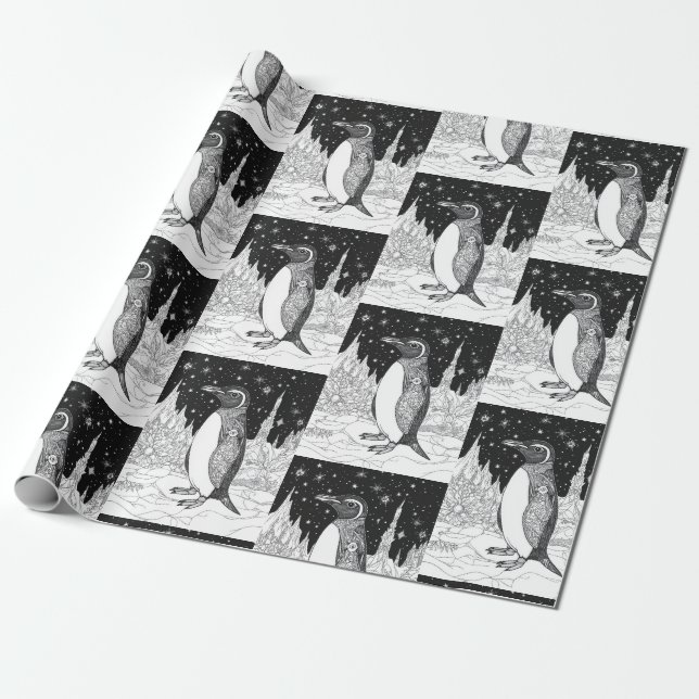 Papier Cadeau Pingouin sous le ciel étoilé (Déroulé)