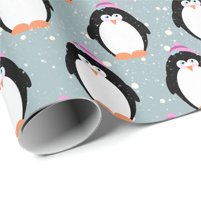 Papier Cadeau Pingouins de Noël dans les flocons de neige envelo (Coin rond)