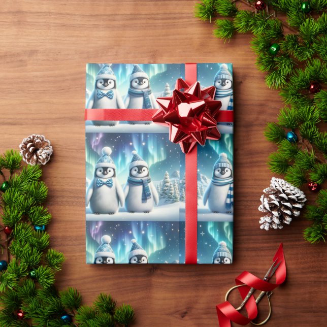 Papier Cadeau Pingouins de Noël Majestic bleu et blanc (Cadeau de vacances)