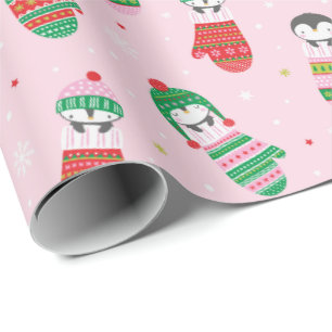 Papier Cadeau Pingouins de Noël mignons en mitaines rose pâle
