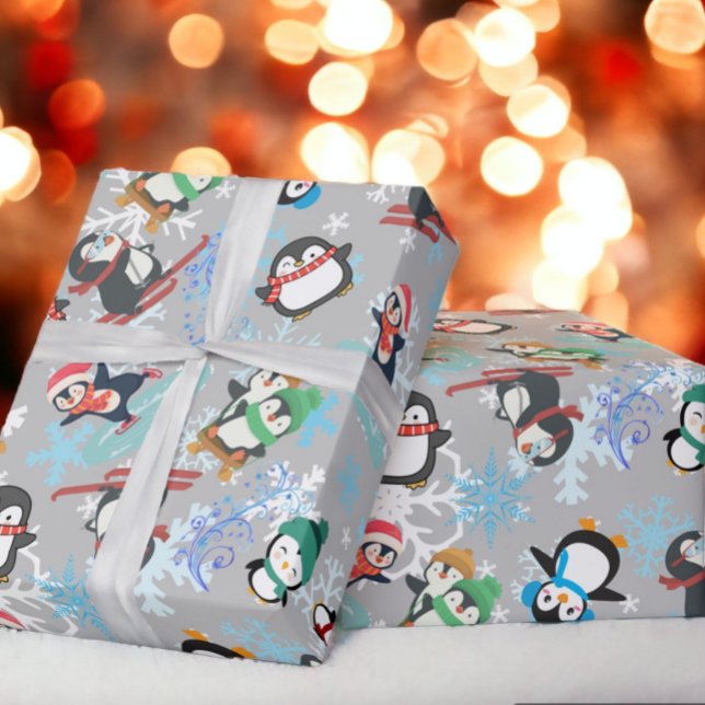 Papier Cadeau Pingouins de Noël sports d'hiver Cute Funny (Créateur téléchargé)