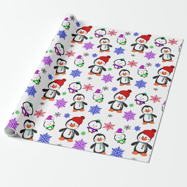 Papier Cadeau Pingouins et Snowflakes Noël mignon (Déroulé)