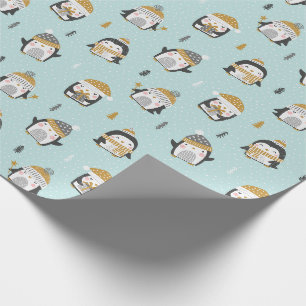 Papier Cadeau Pingouins mignons avec de petits arbres sur bleu c