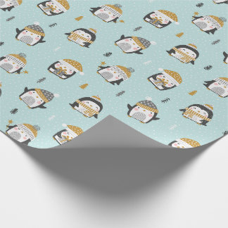 Papier Cadeau Pingouins mignons avec de petits arbres sur bleu c