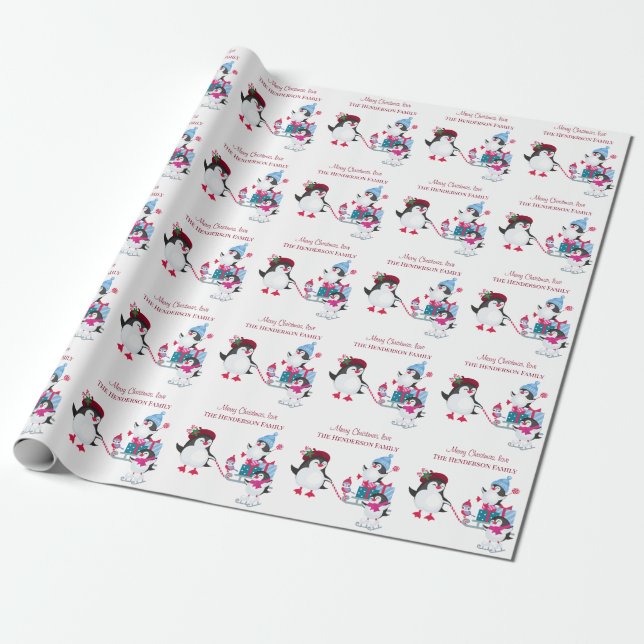 Papier Cadeau Pingouins mignons dans la neige Joyeux Noël (Déroulé)