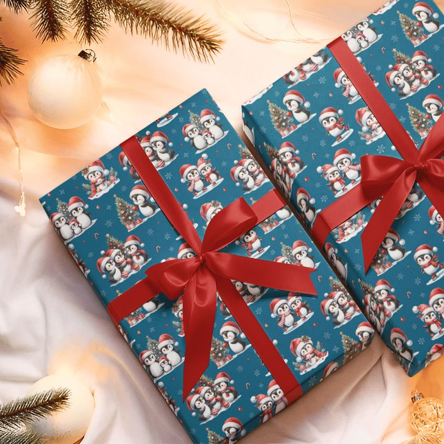 Papier Cadeau Pingouins mignons en Casquette rouge Noël bleu (Créateur téléchargé)