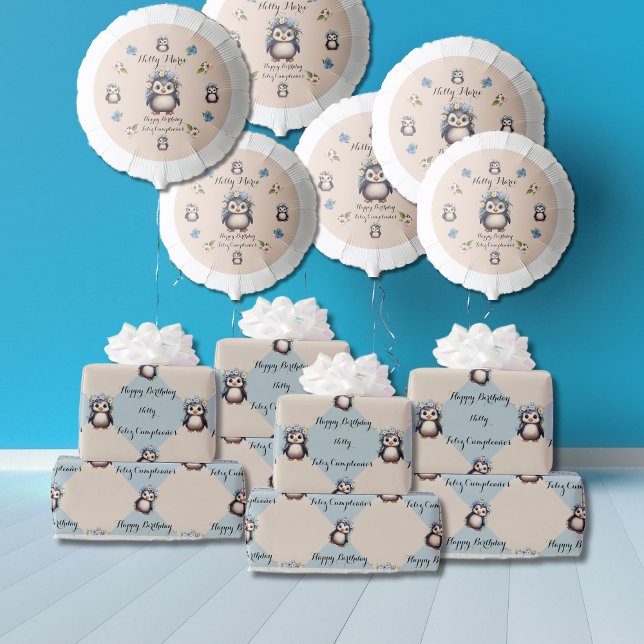 Papier Cadeau Pingouins mignons pour fille Bilingue Joyeux anniv (Cute Penguins, Bilingual Wrapping Paper. Customizable, personalized. Multilingual Project)