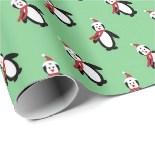 Papier Cadeau Pingouins mignons Santa Chapeau clair Vert Noël