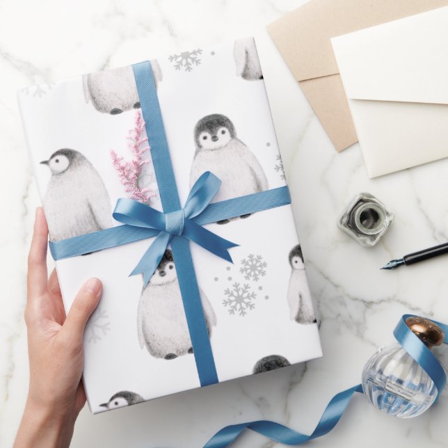 Papier Cadeau Pingouins tirés Snowflakes hiver Dreamy Grey neige (Cadeaux)