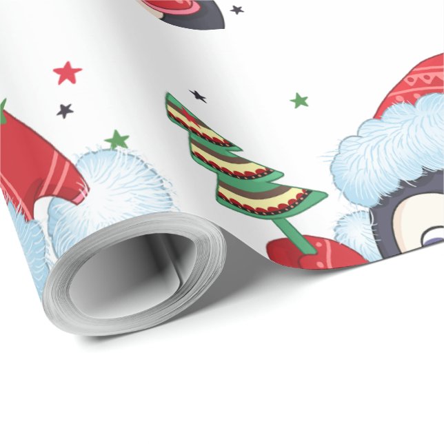 Papier Cadeau Pinguin de Noël avec arbre (Coin rond)
