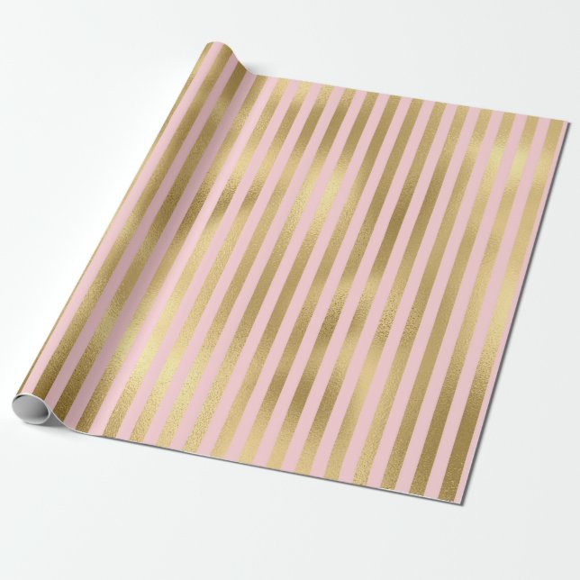 Papier Cadeau Pink and Gold Paris Shimmer Foil Stripes Motif (Déroulé)
