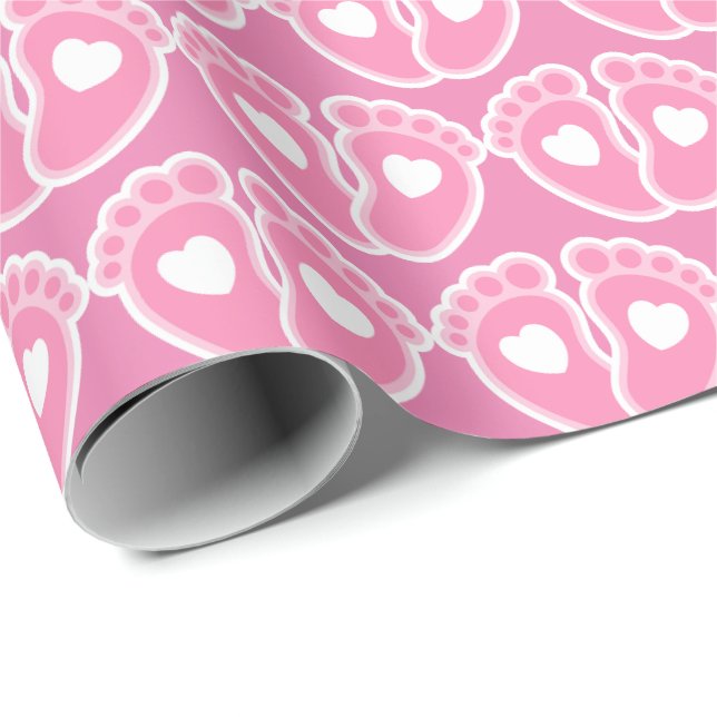 Papier Cadeau Pink Baby Feet and Hearts Motif Nouveau bébé fille (Coin rond)