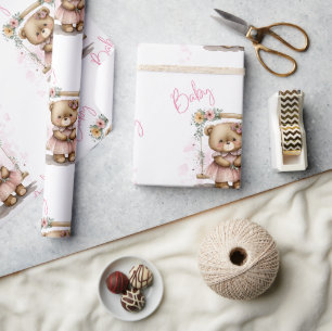 Papier Cadeau Pink Baby Script Teddy Bear Baby shower